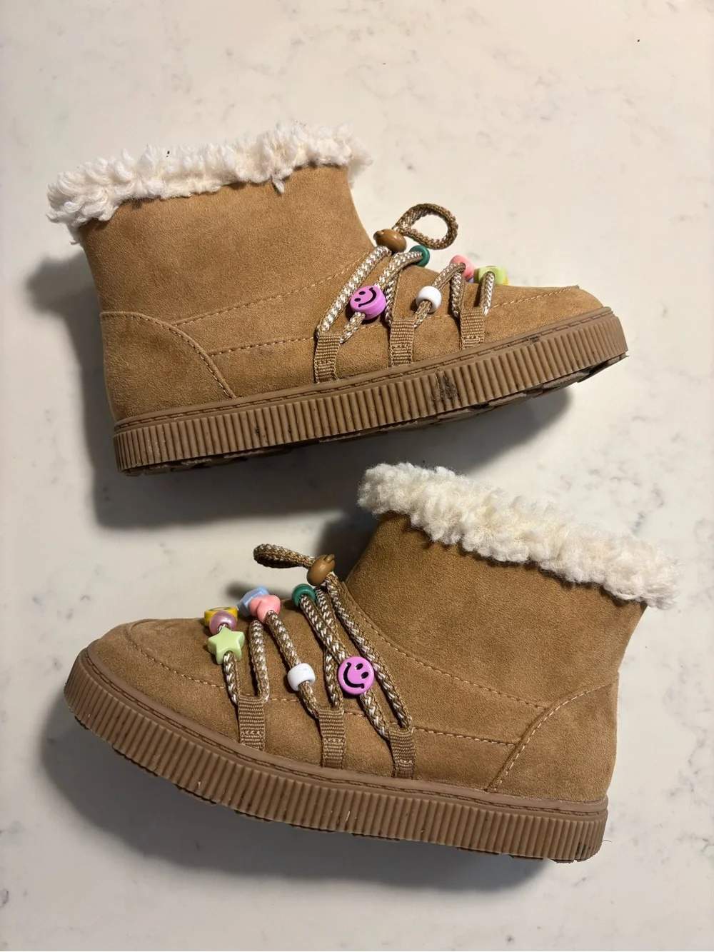 Cat & Jack Tan Faux-Shearling Kids Boot with Colorful Charm Accents